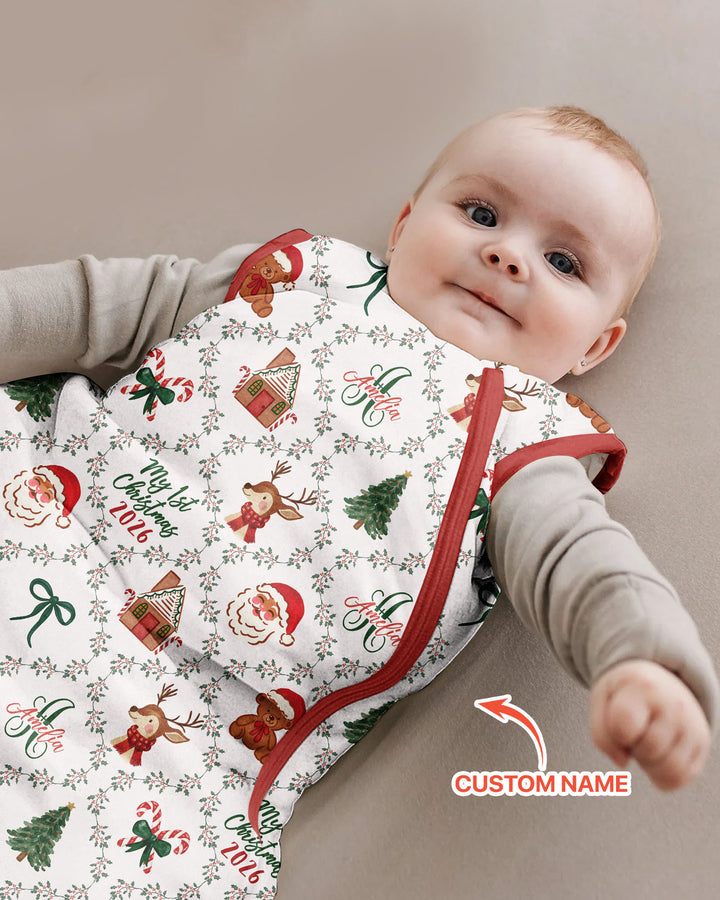 Custom name "Fancy Monogram Red Christmas 2026" Bamboo Sleep Bag