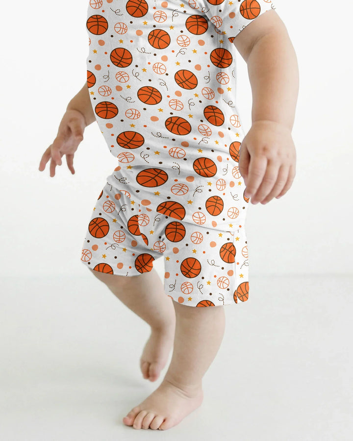 Orangefarbener Basketball-Bambus-Zweiteiler, Kurzarm-Shorts-Pyjama-Set