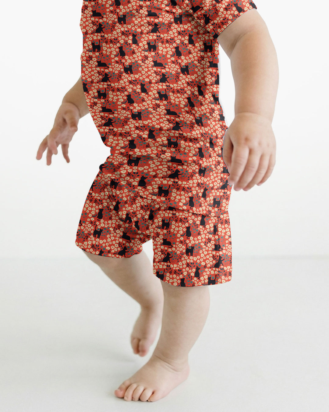 Black Cat Ditsy Bamboo Two Piece Short Sleeve Shorts Pajama Set