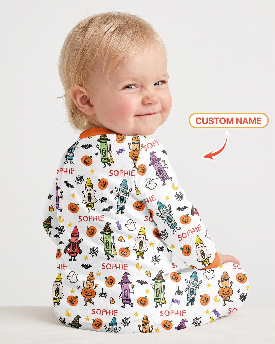 Custom Name Halloween Crayon Bamboo Two Piece Long Sleeve Pajama Set