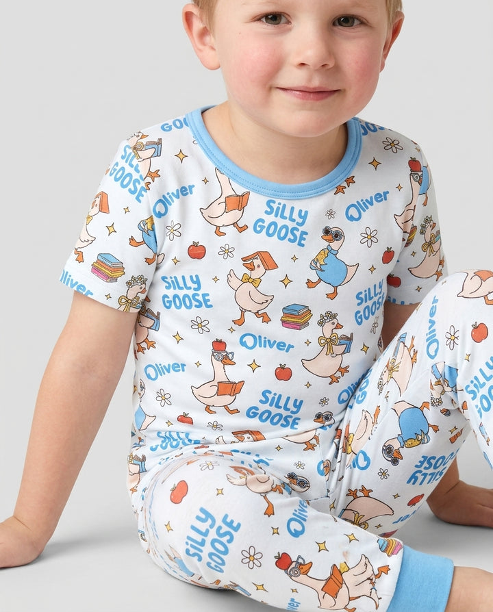 Custom Name Silly Goose Back to School Bamboo Two Piece Short Sleeve Pajama Set
