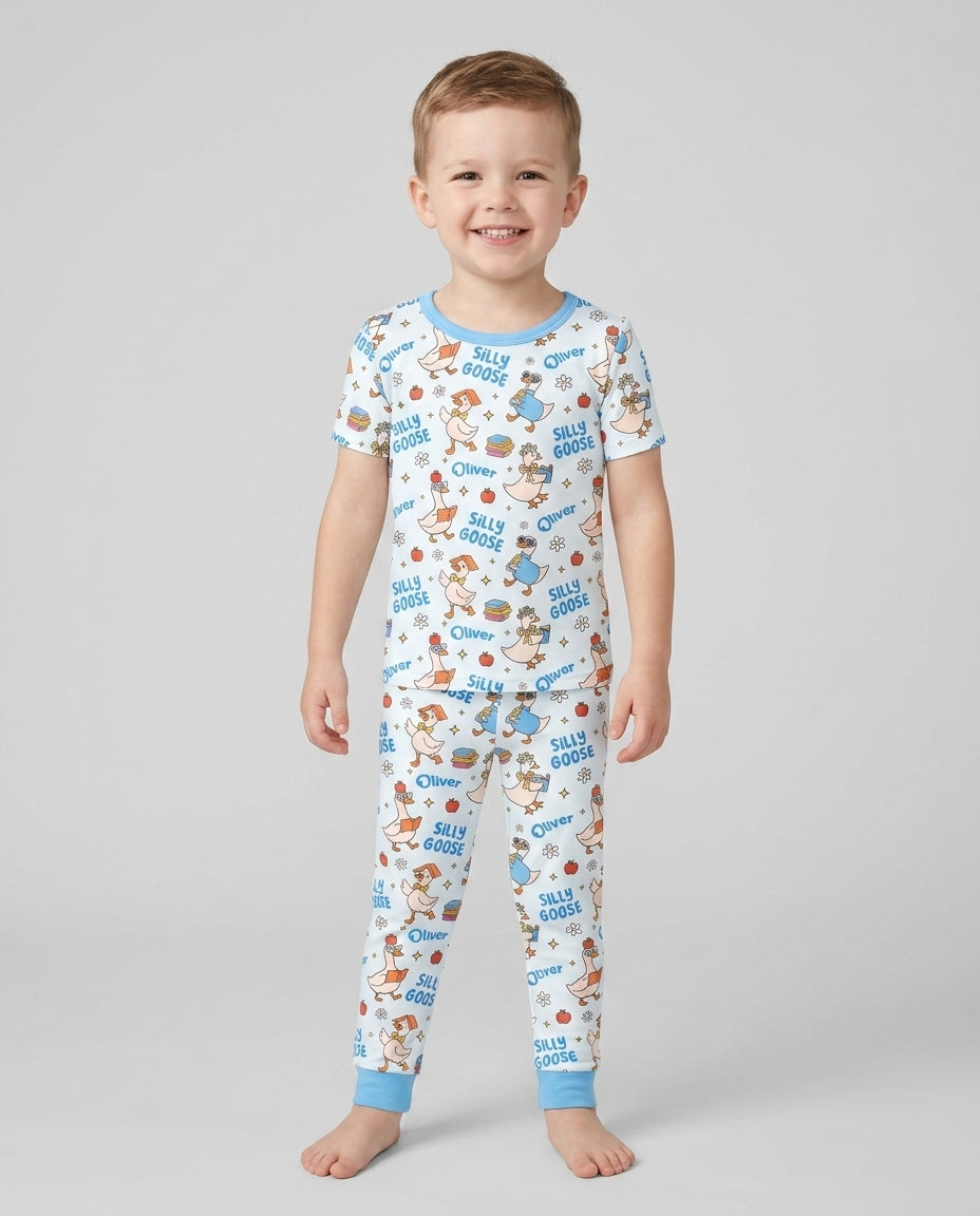 Custom Name Silly Goose Back to School Bamboo Two Piece Short Sleeve Pajama Set