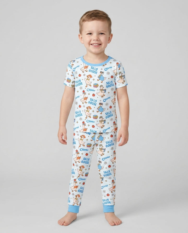 Custom Name Silly Goose Back to School Bamboo Two Piece Short Sleeve Pajama Set