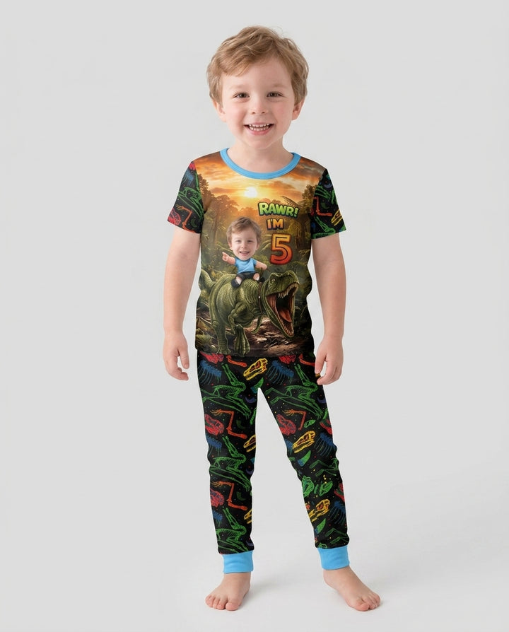 Custom Photo Dino Rawr Birthday Bamboo Two Piece Short Sleeve Pajama Set