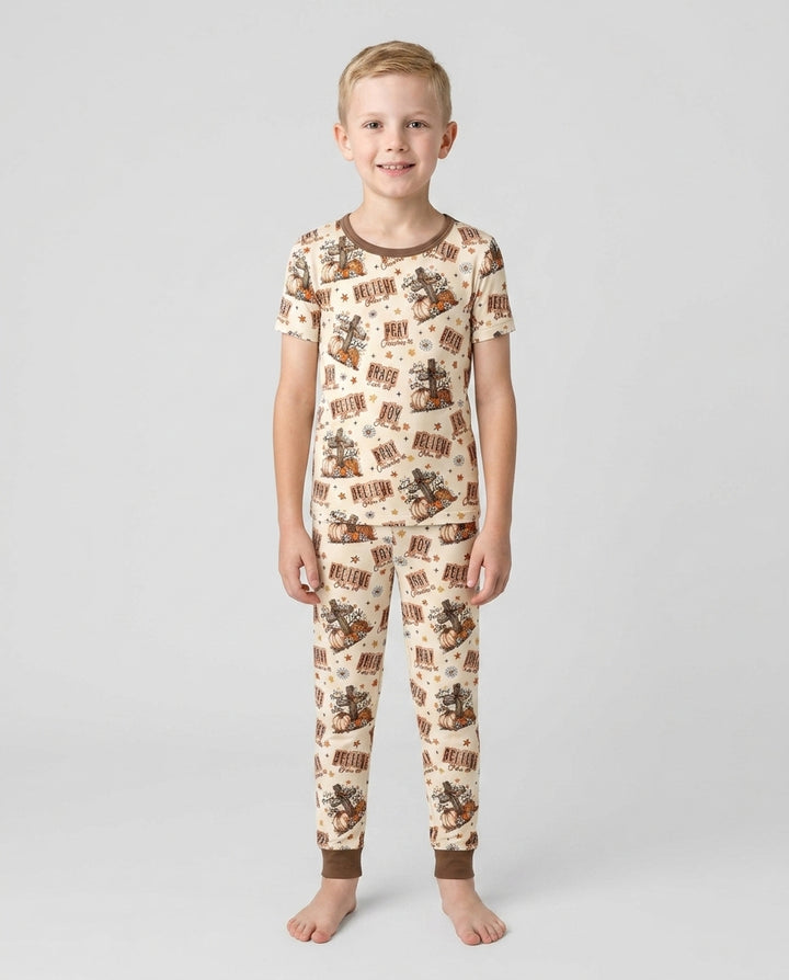 Floral Fall Give Thanks To The Lord Bamboo Two Piece Short Sleeve Pajama Set
