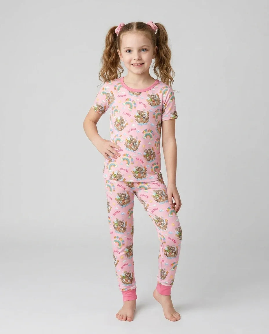 Custom Name Jesus Loves Me Noah's Ark Bamboo Two Piece Short Sleeve Pajama Set
