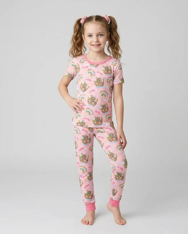 Custom Name Jesus Loves Me Noah's Ark Bamboo Two Piece Short Sleeve Pajama Set