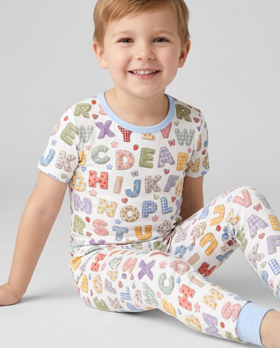Fabric Alphabet Letters Bamboo Two Piece Short Sleeve Pajama Set