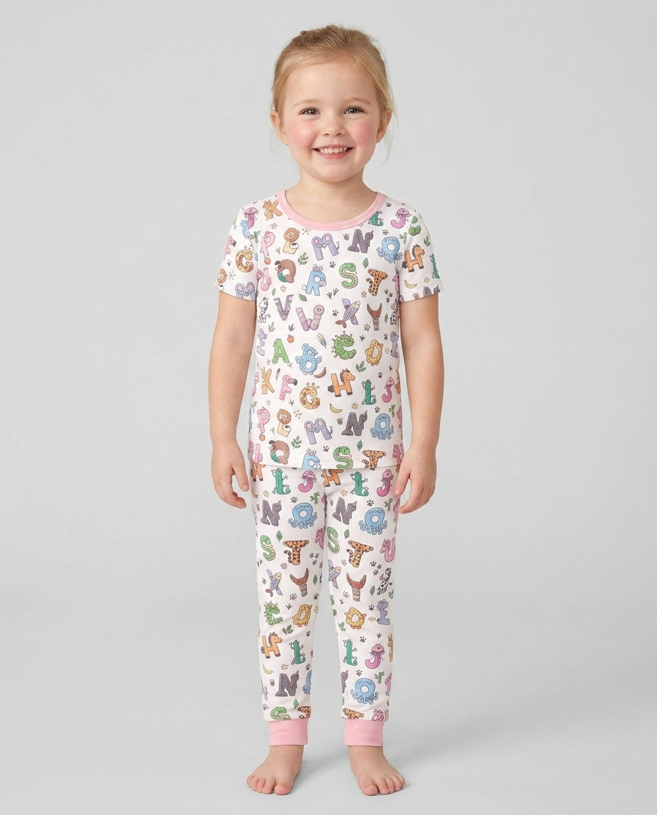 Animals Alphabet Bamboo Two Piece Short Sleeve Pajama Set
