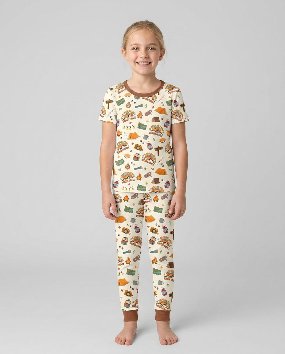 Custom Name Camping Crew Family Matching Bamboo Two Piece Short Sleeve Pajama Set