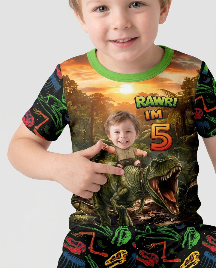 Custom Photo Dino Rawr Birthday Bamboo Two Piece Short Sleeve Pajama Set