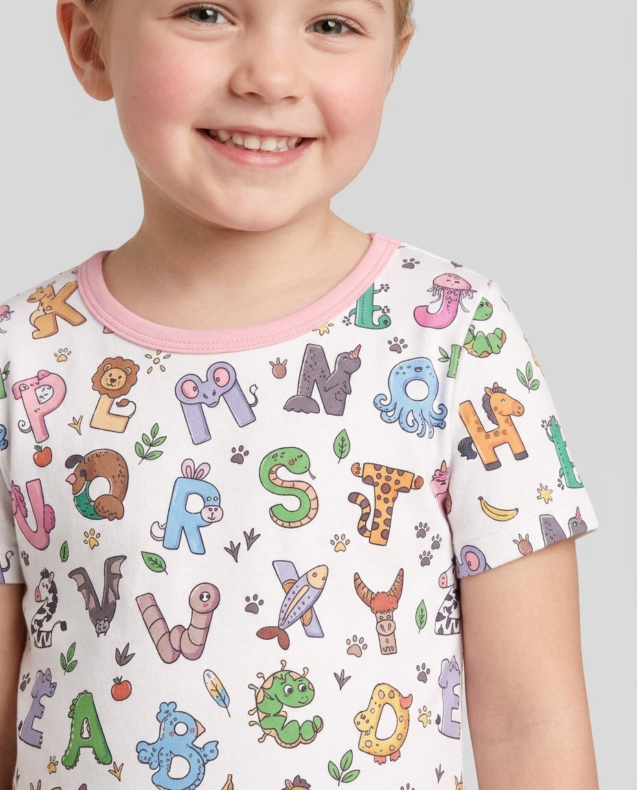 Animals Alphabet Bamboo Two Piece Short Sleeve Pajama Set