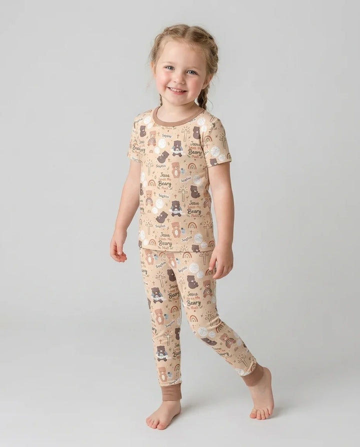 Custom Name Jesus Loves Me Beary Much Bamboo Two Piece Short Sleeve Pajama Set