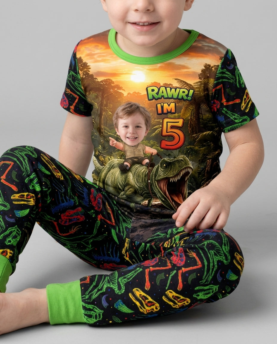 Custom Photo Dino Rawr Birthday Bamboo Two Piece Short Sleeve Pajama Set