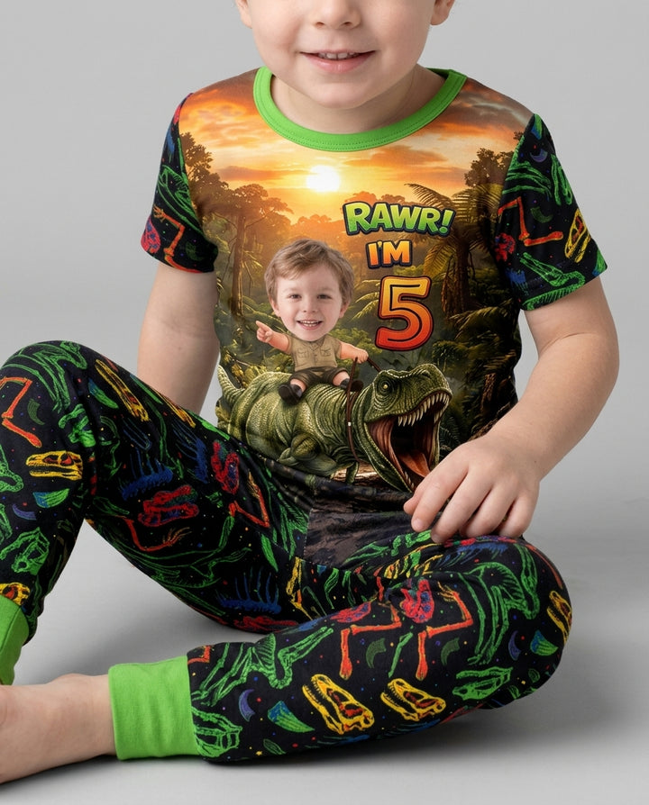 Custom Photo Dino Rawr Birthday Bamboo Two Piece Short Sleeve Pajama Set