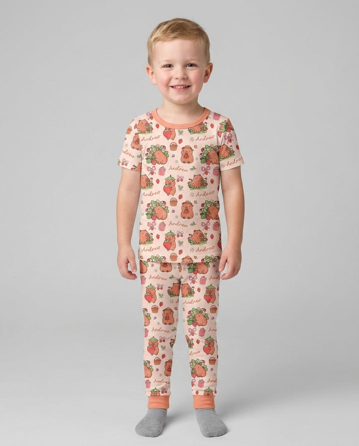 Custom Name Capybara Strawberry Bamboo Two Piece Short Sleeve Pajama Set