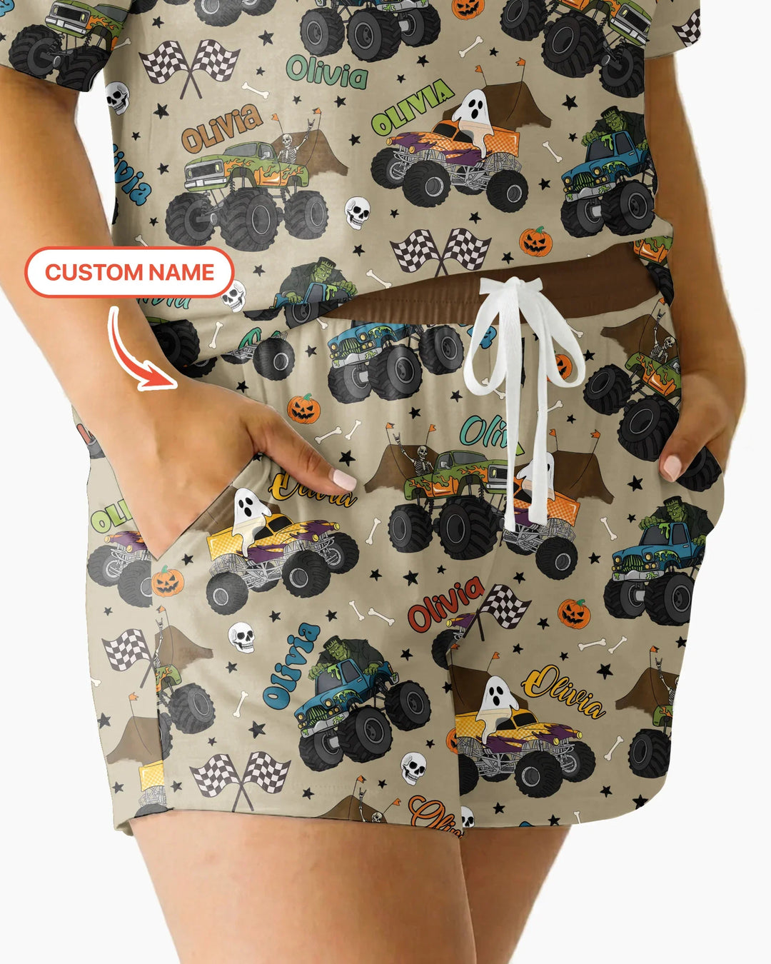 Custom Name Halloween Creepy Crusher Family Matching Bamboo Women Short Sleeve Short Pajama Set