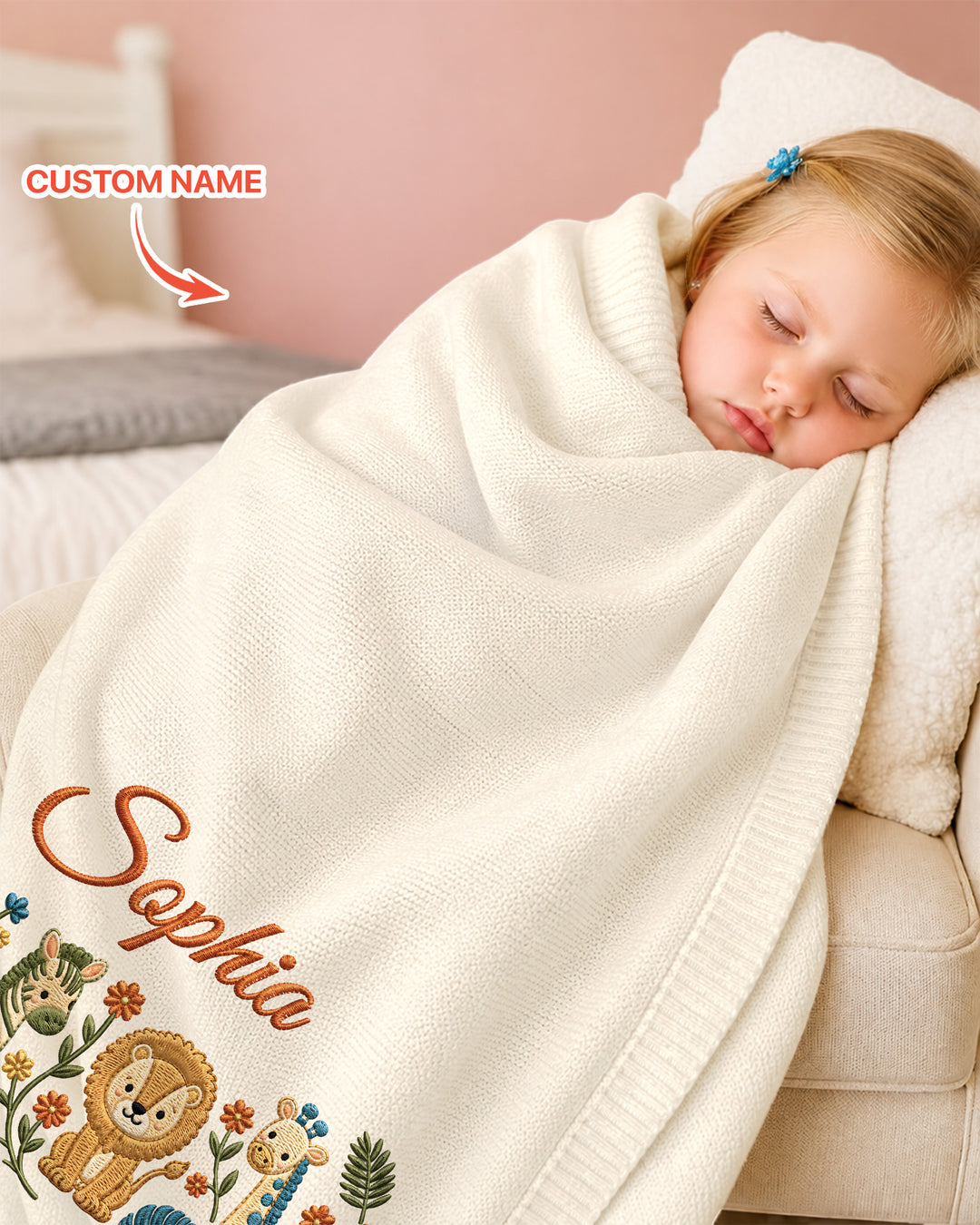 Safari Animal Embroidered Baby Cotton Blanket