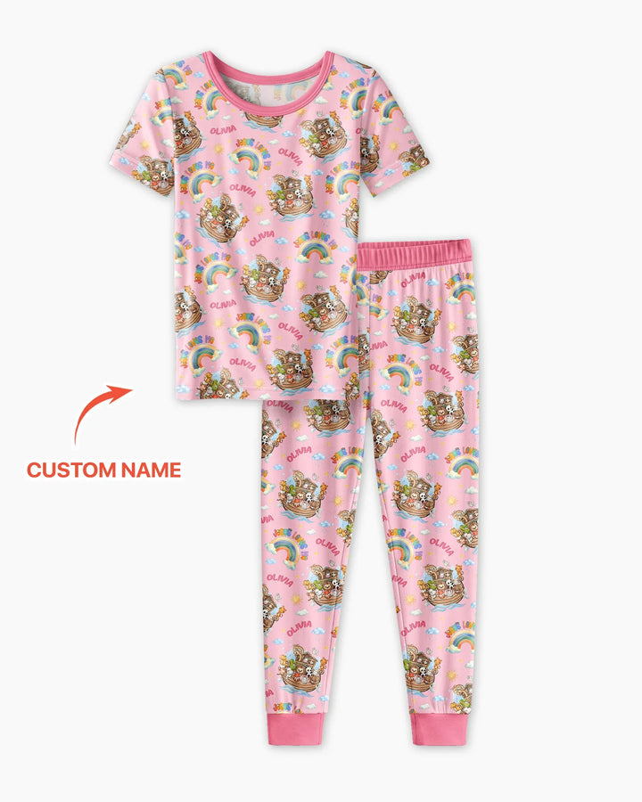 Custom Name Jesus Loves Me Noah's Ark Bamboo Two Piece Short Sleeve Pajama Set