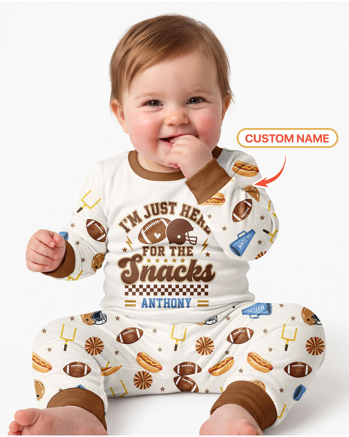 Custom Name Football I'm Just Here For The Snacks Bamboo Two Piece Long Sleeve Pajama Set