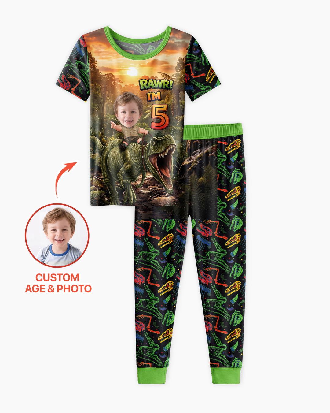 Custom Photo Dino Rawr Birthday Bamboo Two Piece Short Sleeve Pajama Set