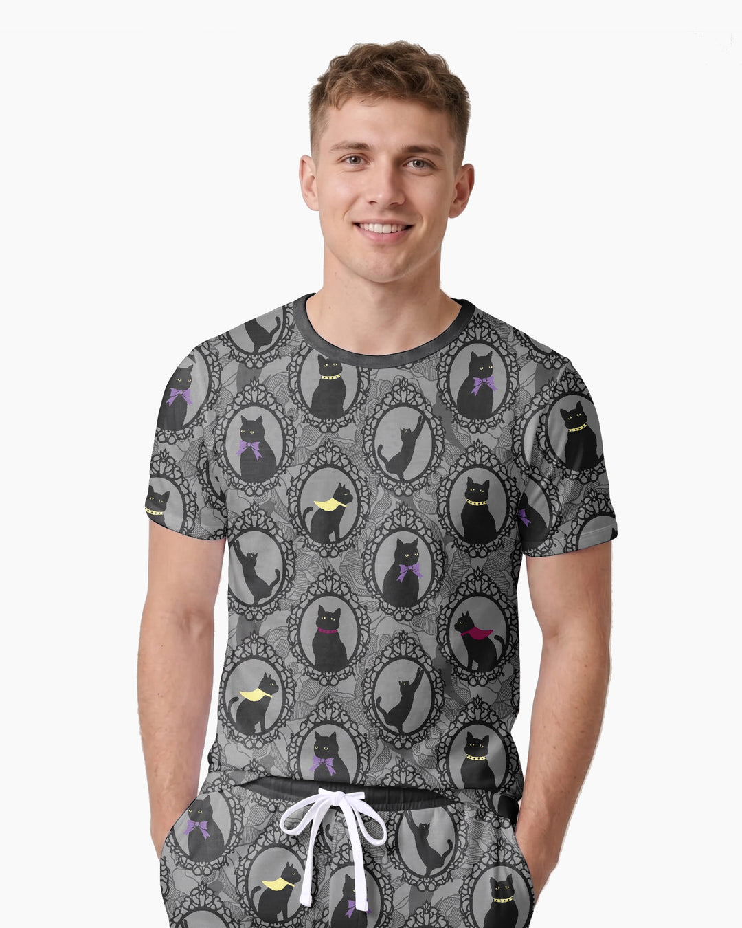 Midnight Cat Parade Bamboo Men Short Sleeve Short Pajama Set