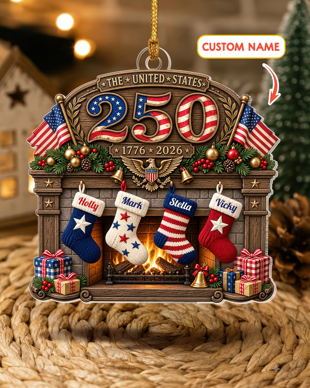 USA 250th Anniversary Fireplace 1-Side Photo Acrylic Ornament