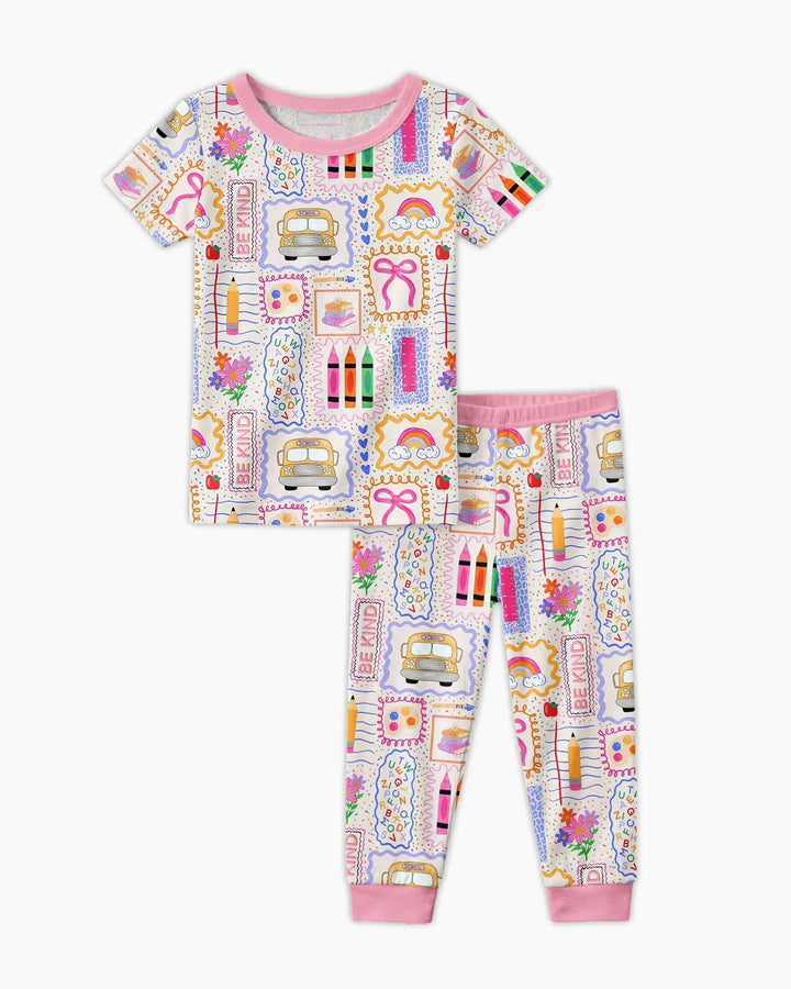 Colorful Doodle School Bamboo Two Piece Short Sleeve Pajama Set