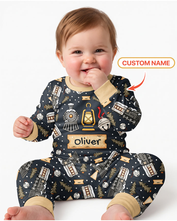Custom Name Believe Kid Train Bamboo Two Piece Long Sleeve Pajama Set