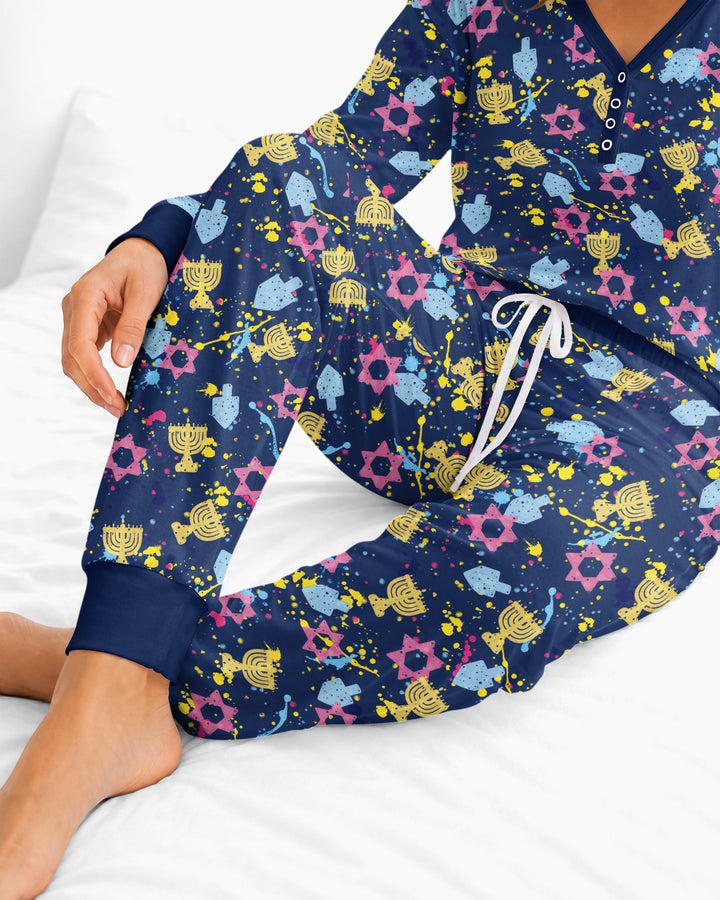 Hanukkah Family Splatter Paint  Bamboo Women Pajama Set