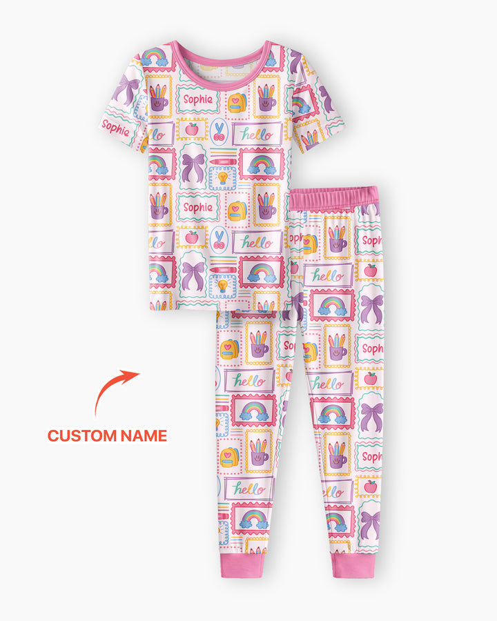 Custom Name Hello School Bamboo Two Piece Short Sleeve Pajama Set