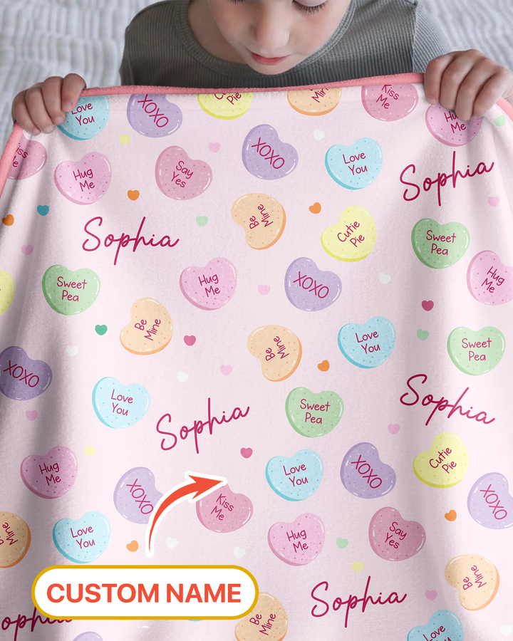 Custom Name Colorful Candy Hearts Family Matching Bamboo Blanket