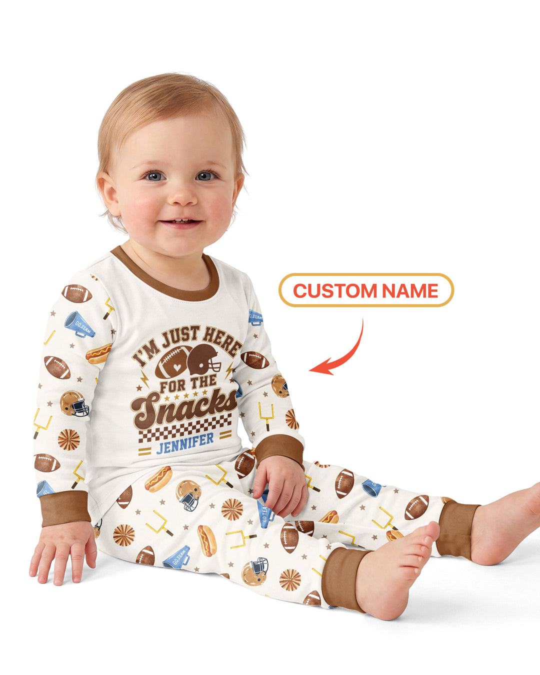 Custom Name Football I'm Just Here For The Snacks Bamboo Two Piece Long Sleeve Pajama Set