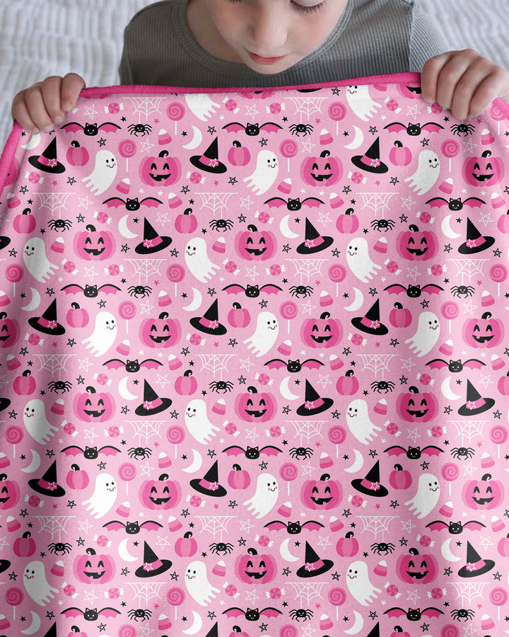 Cute Pink Halloween Ghost Pumpkin Witch Bamboo Blanket