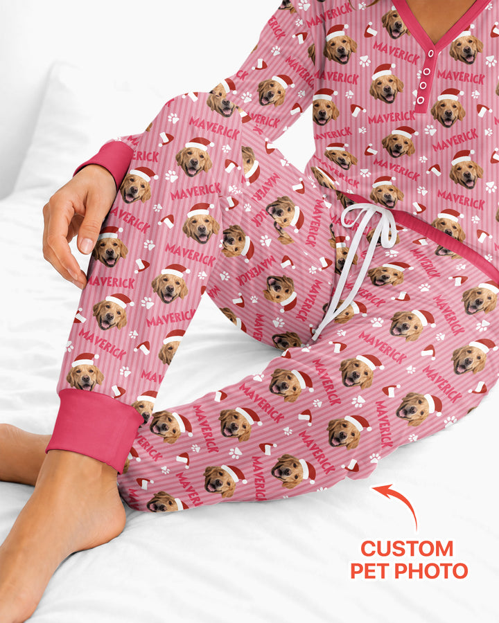 Custom Pet Photo Christmas Paws Stripe Bamboo Women Pajama Set