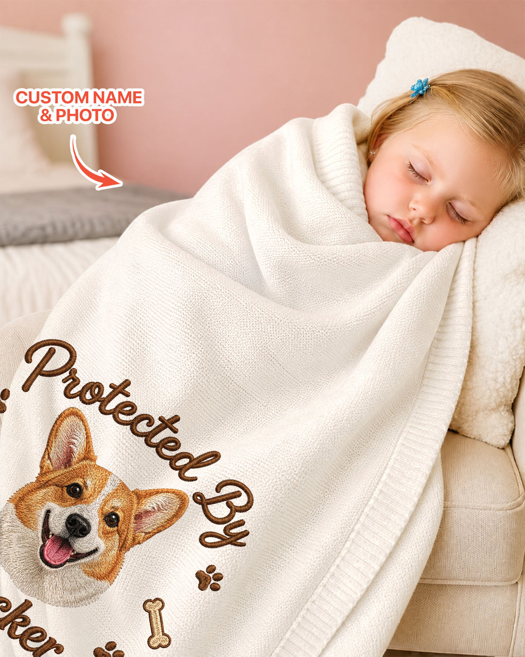 Protected By Dog Embroidered Baby Cotton Blanket