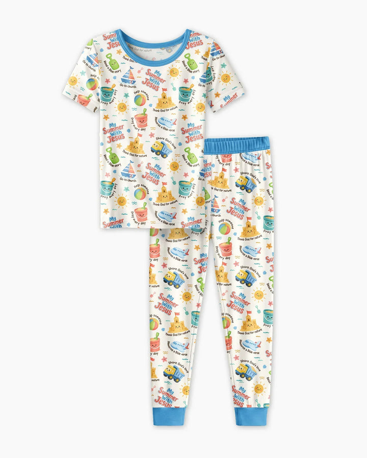 Colorful Summer Beach With Jesus Bamboo Two Piece Short Sleeve Pajama Set