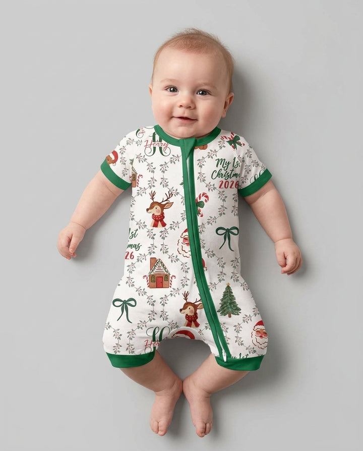 Custom name "Fancy Monogram Green Christmas 2026" Bamboo Shorty Zippy