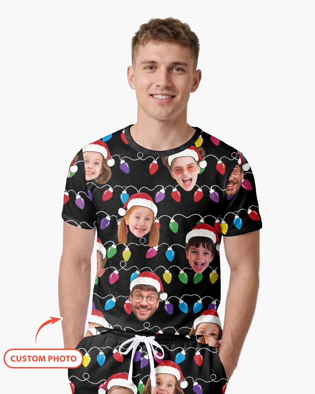 Custom Face Christmas Family Silly Xmas Leds Bamboo Men Short Sleeve Short Pajama Set