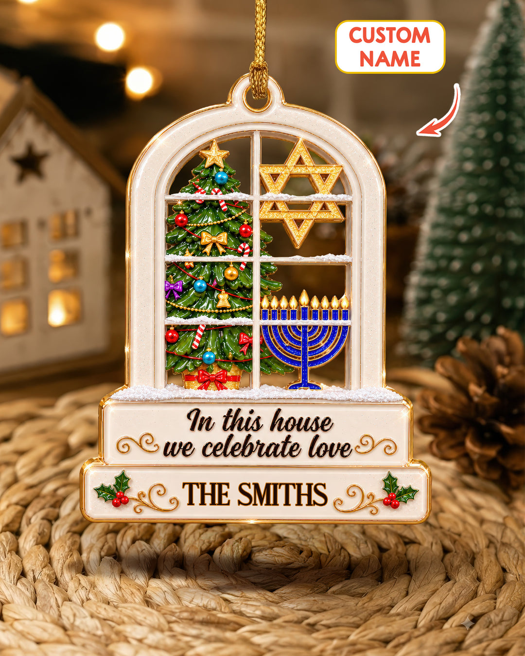 Merry Chrismukkah Jewish and Christian Family Personalized 1-Side Photo Acrylic Ornament