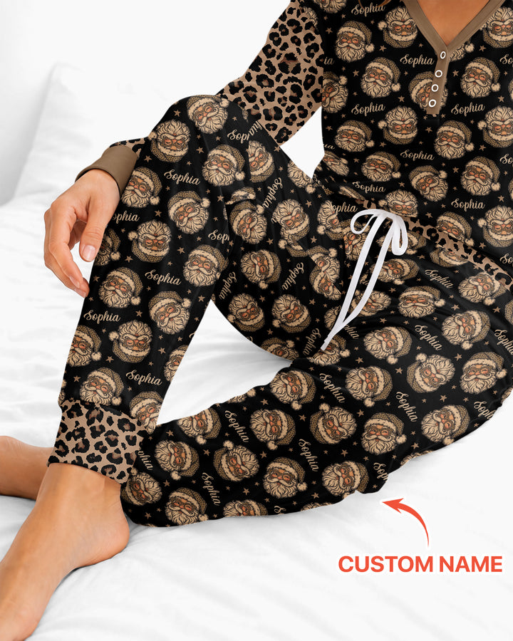 Custom Name Vintage Leopard Santa Bamboo Women Pajama Set