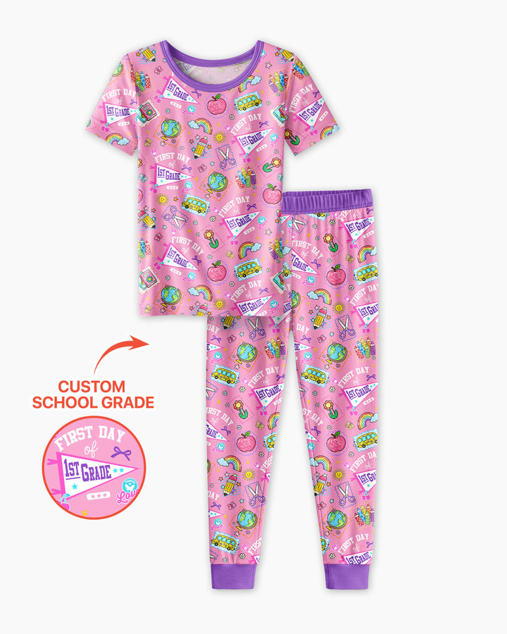 Custom Grade Girls School First Day Bamboo Two Piece Short Sleeve Pajama Set