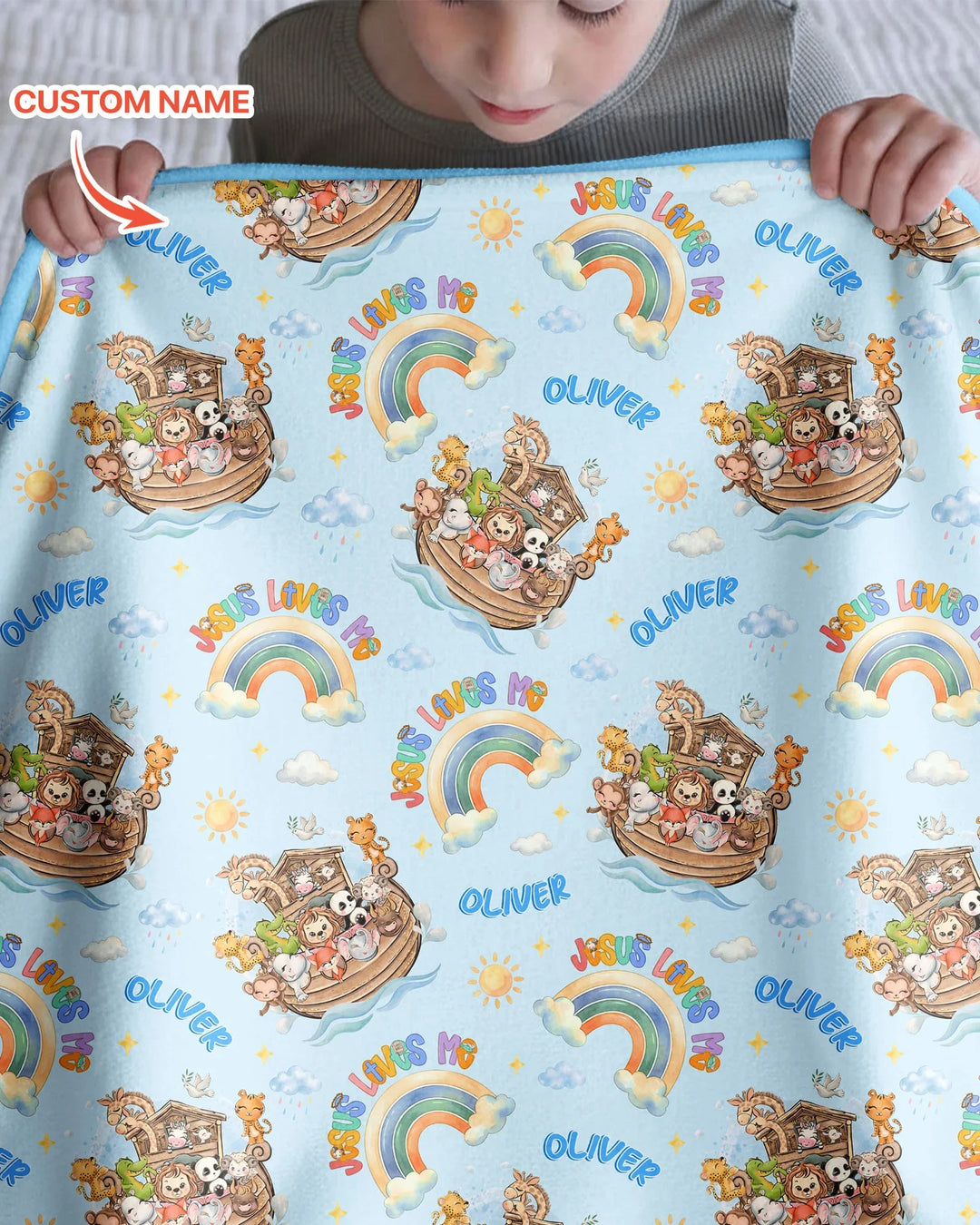 Custom Name Jesus Loves Me Noah's Ark Bamboo Blanket