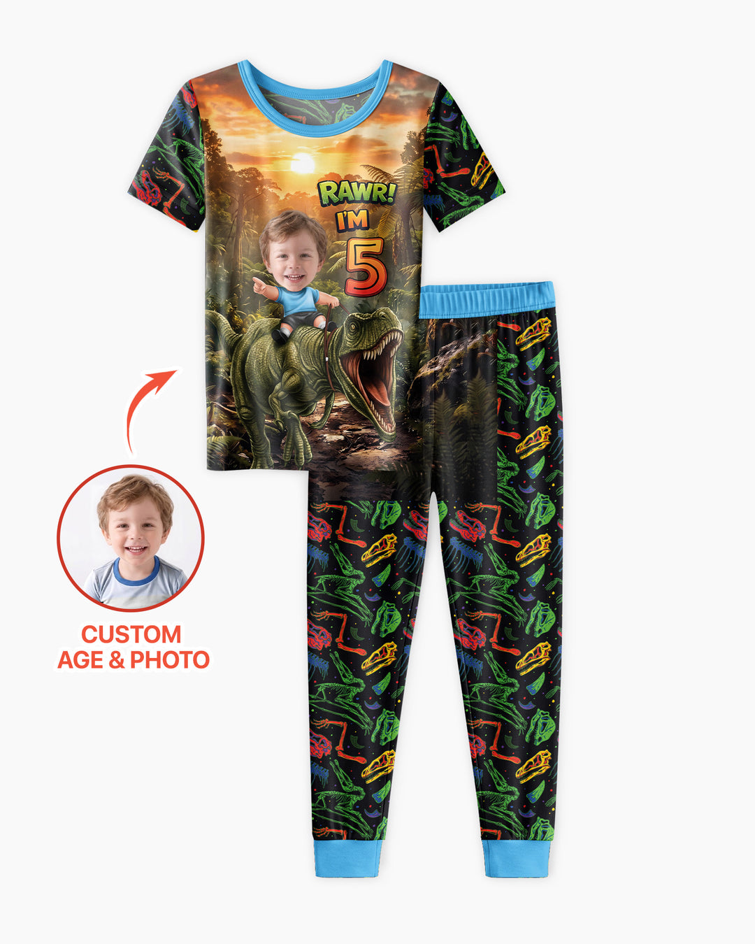 Custom Photo Dino Rawr Birthday Bamboo Two Piece Short Sleeve Pajama Set