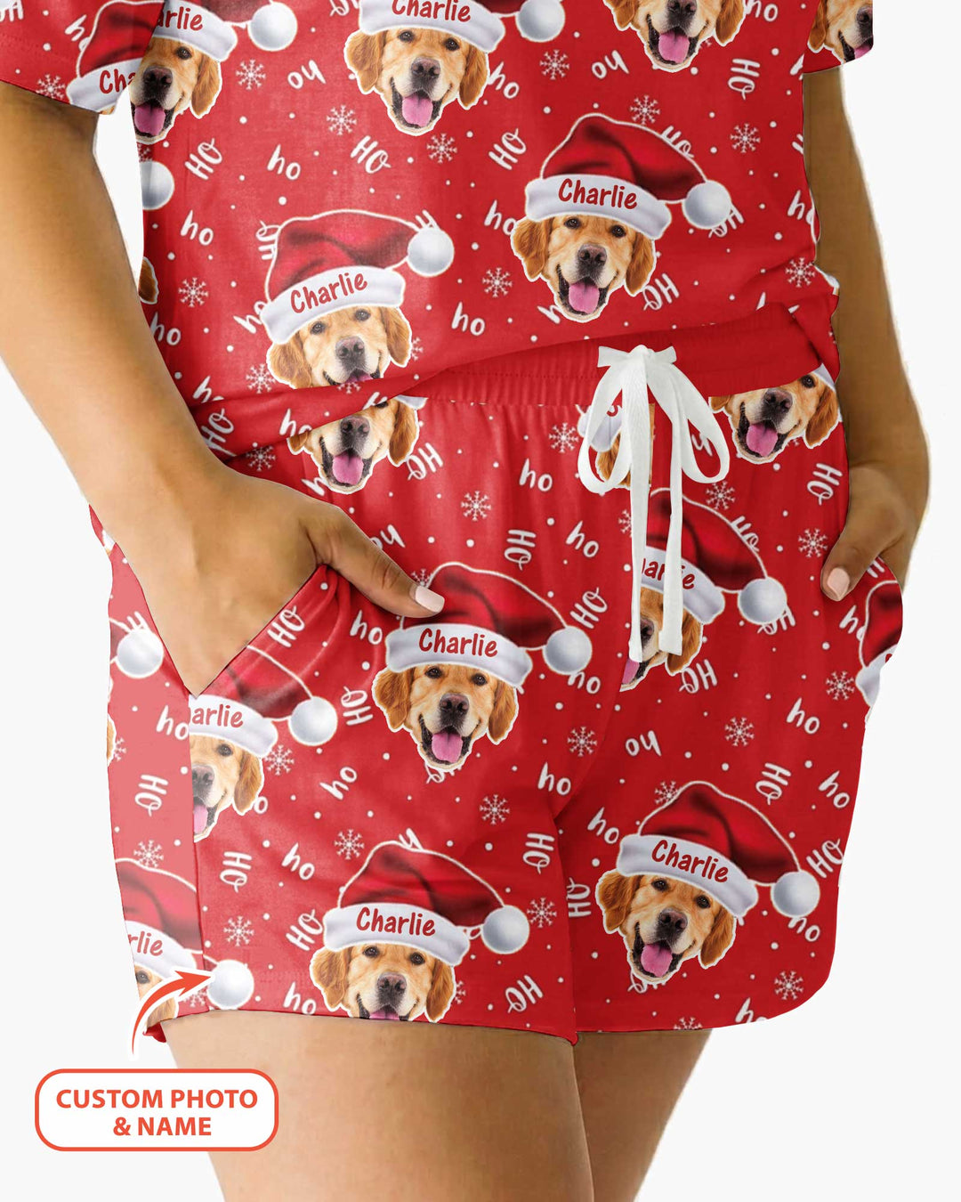 Custom Dog Photo Santa Claus Bamboo Women Short Sleeve Short Pajama Set