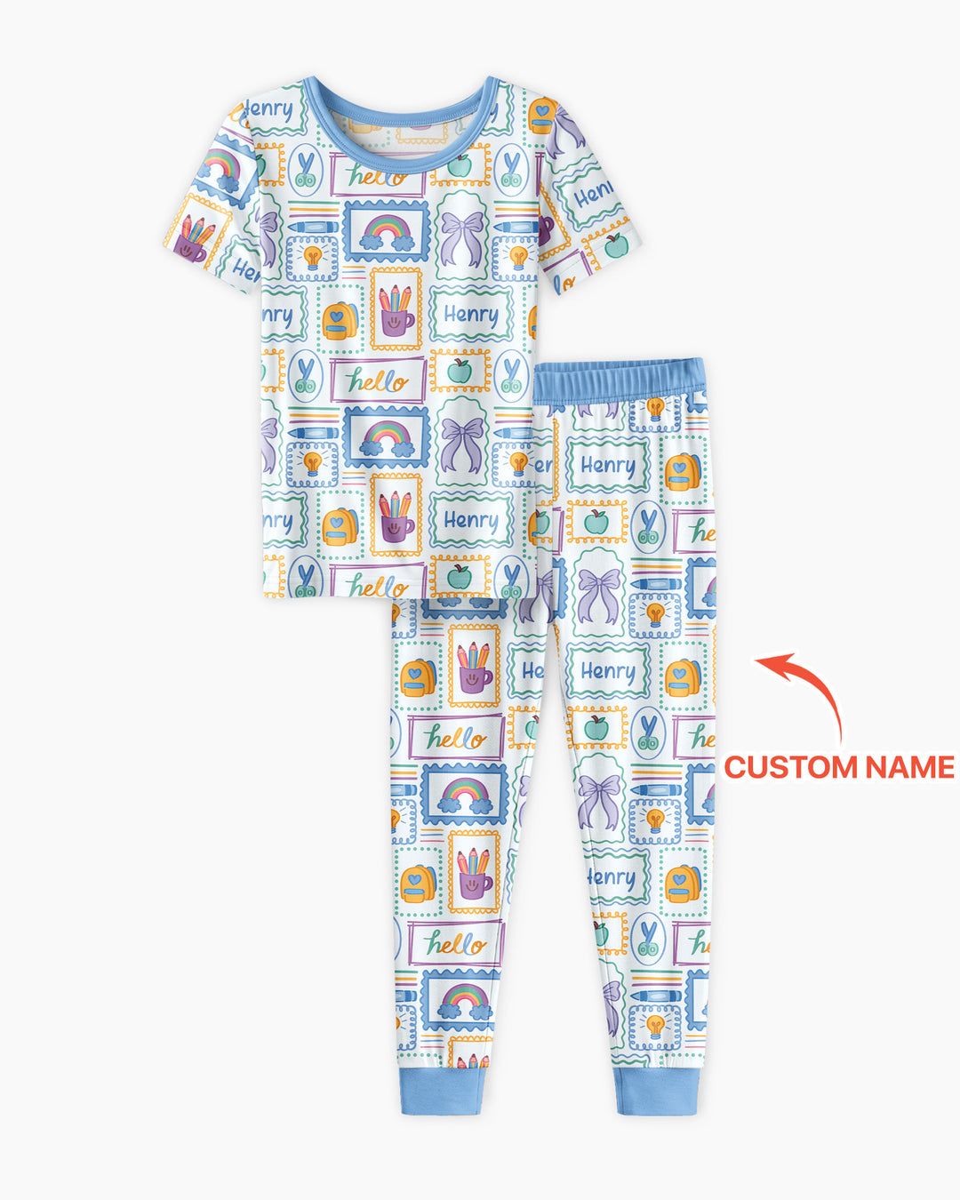 Custom Name Hello School Bamboo Two Piece Short Sleeve Pajama Set