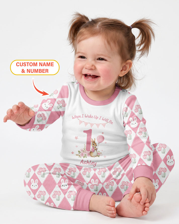 Custom Name When I Wake Up Bunny Birthday Bamboo Two Piece Long Sleeve Pajama Set