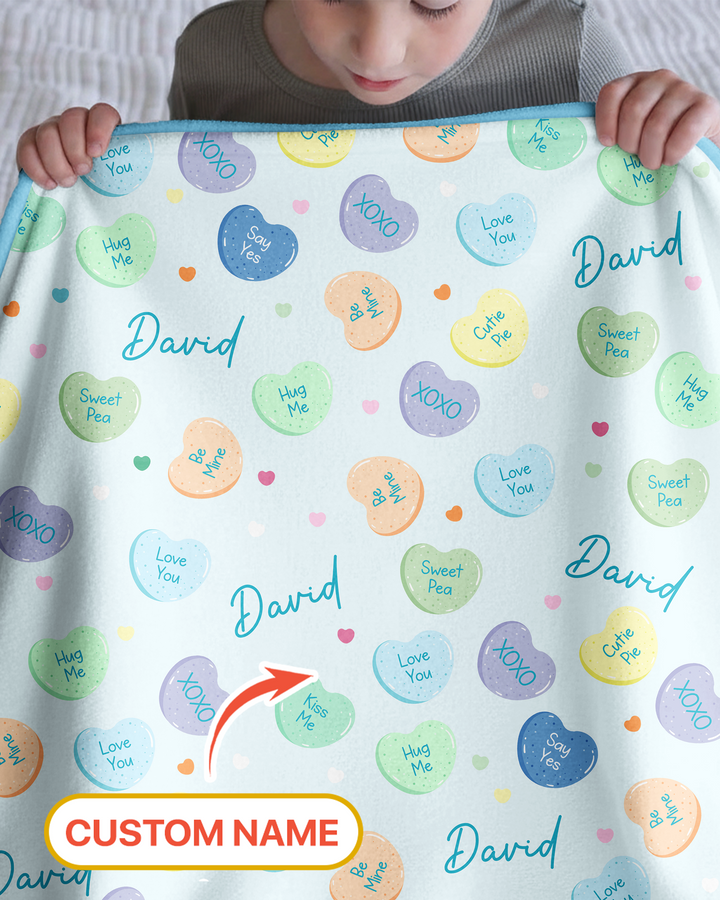 Custom Name Colorful Candy Hearts Family Matching Bamboo Blanket
