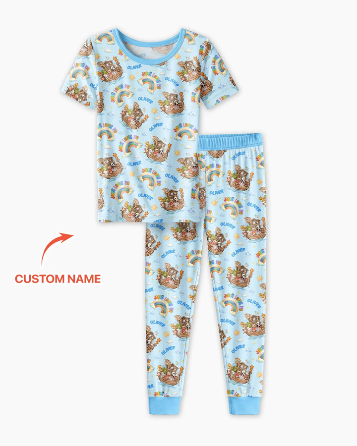 Custom Name Jesus Loves Me Noah's Ark Bamboo Two Piece Short Sleeve Pajama Set