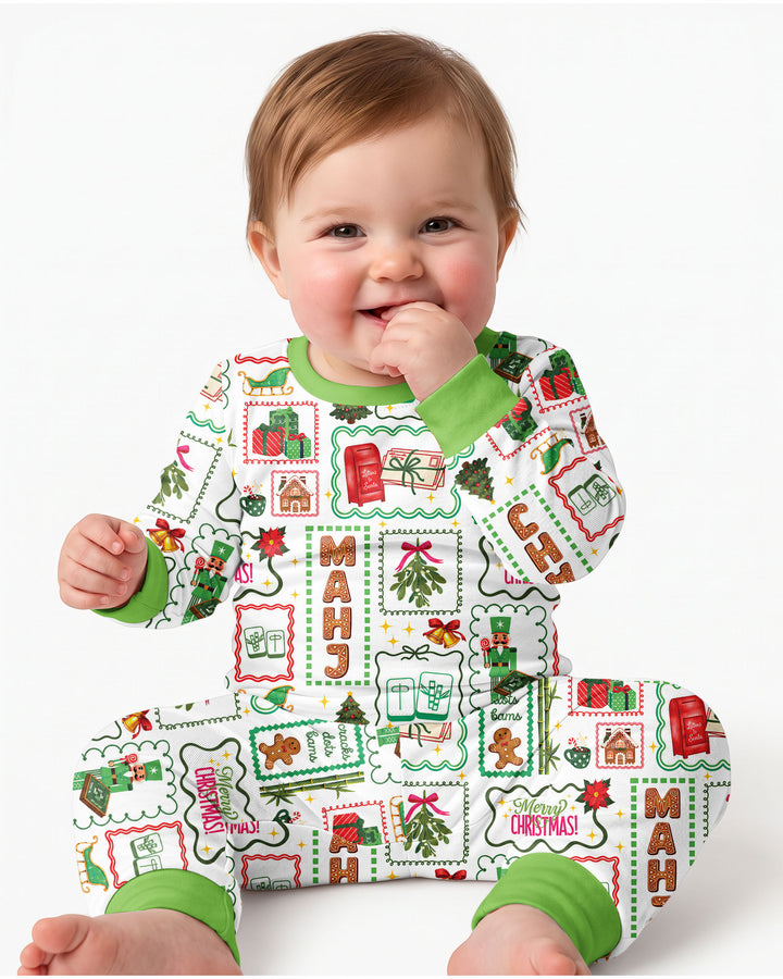 Preppy Christmas Mahjong Bamboo Two Piece Long Sleeve Pajama Set